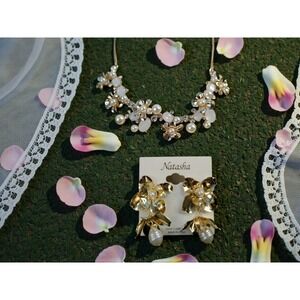 Natasha Gold Floral Pearl Statement Necklace Earrings Set Bridal Wedding